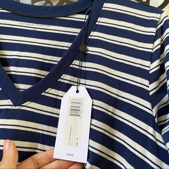 Universal Standard Rhine V Neck Color Block Cuff Dress Blue White Stripe 4 NWT - Picture 9 of 12